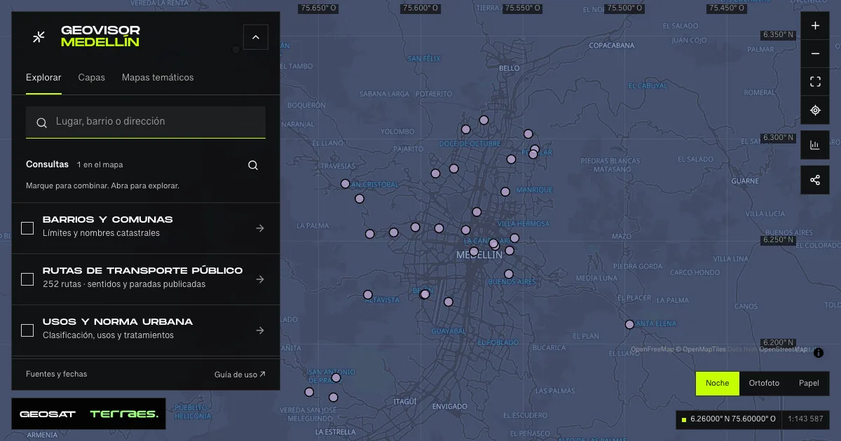 Geovisor GeoSAT: consulta «Bibliotecas y lectura» activa sobre el mapa de Medellín.
