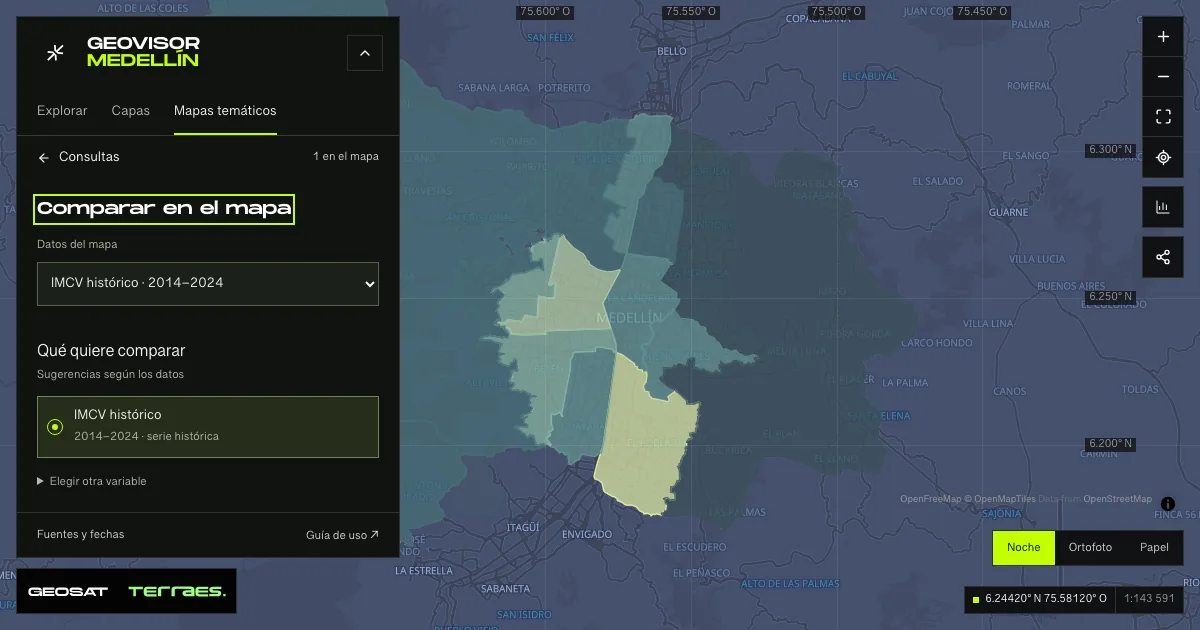 Geovisor GeoSAT: consulta «Calidad de vida» activa sobre el mapa de Medellín.