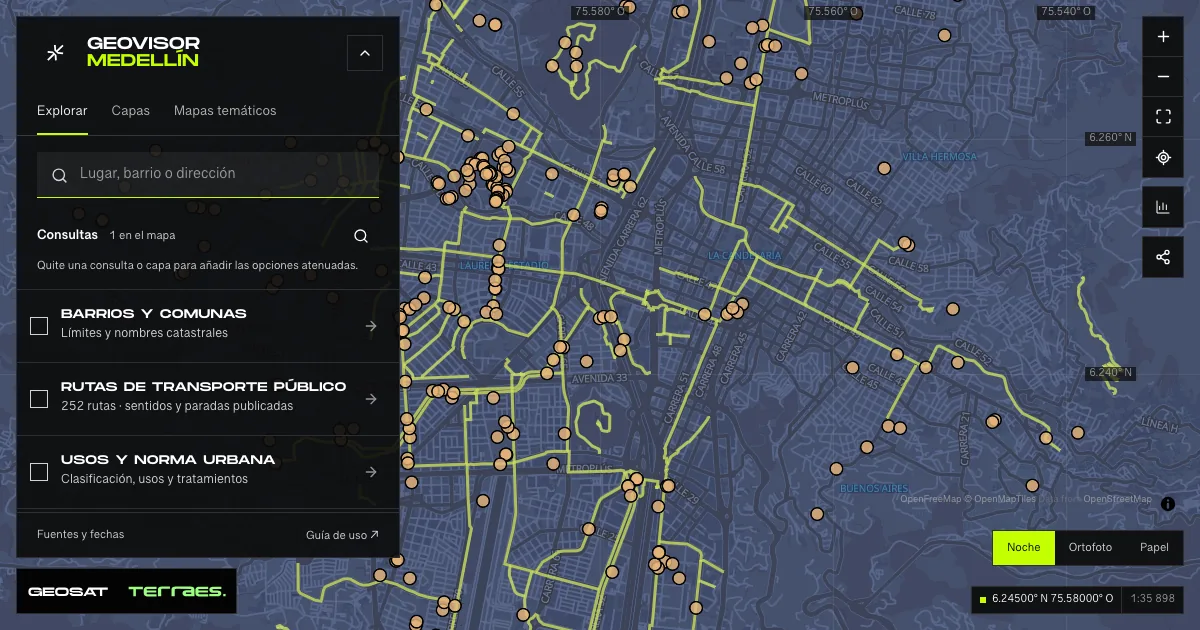 GeoSAT geovisor: “By bicycle” query enabled on the Medellín map.