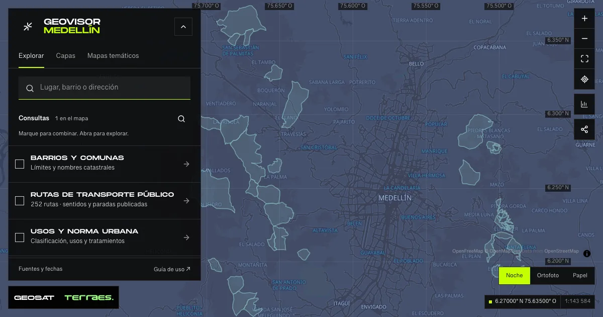 Geovisor GeoSAT: consulta «Cuencas abastecedoras» activa sobre el mapa de Medellín.