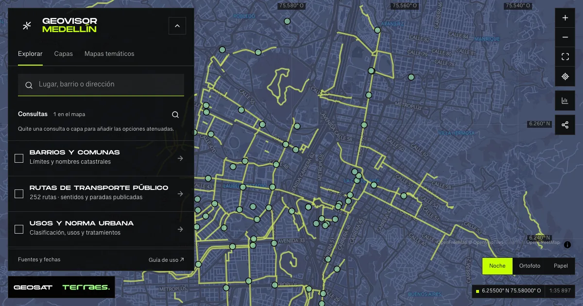 Geovisor GeoSAT: consulta «Estaciones EnCicla» activa sobre el mapa de Medellín.