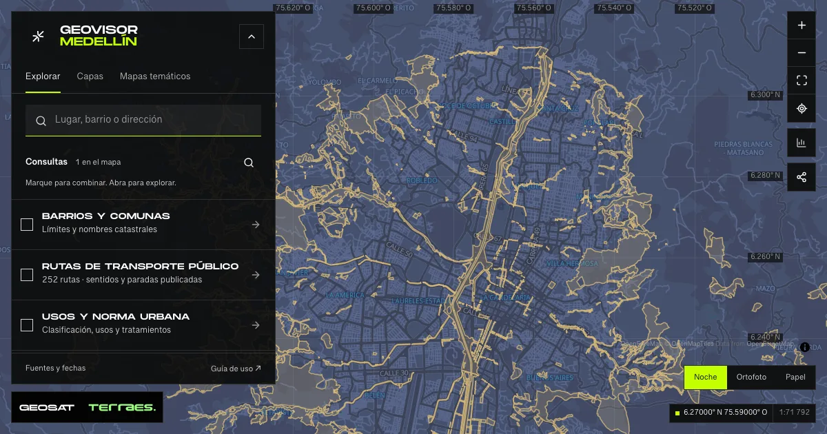 GeoSAT geovisor: “Proposed public space” query enabled on the Medellín map.
