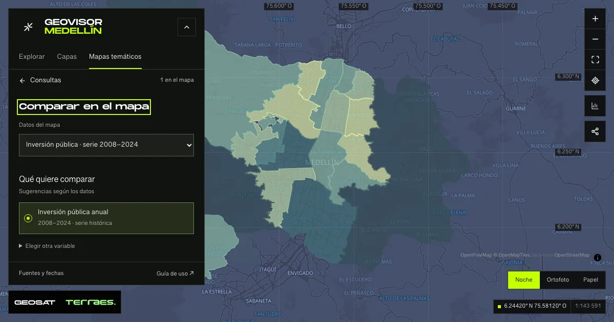 GeoSAT geovisor: “Public investment” query enabled on the Medellín map.