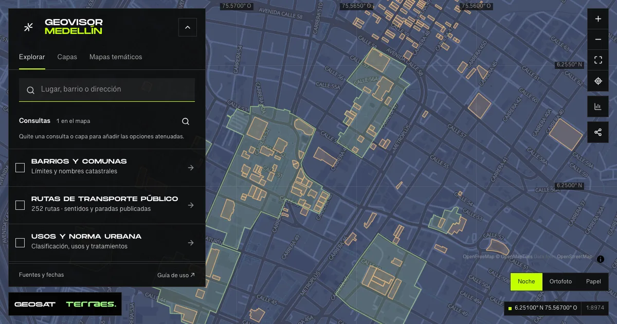 GeoSAT geovisor: “Cultural heritage” query enabled on the Medellín map.