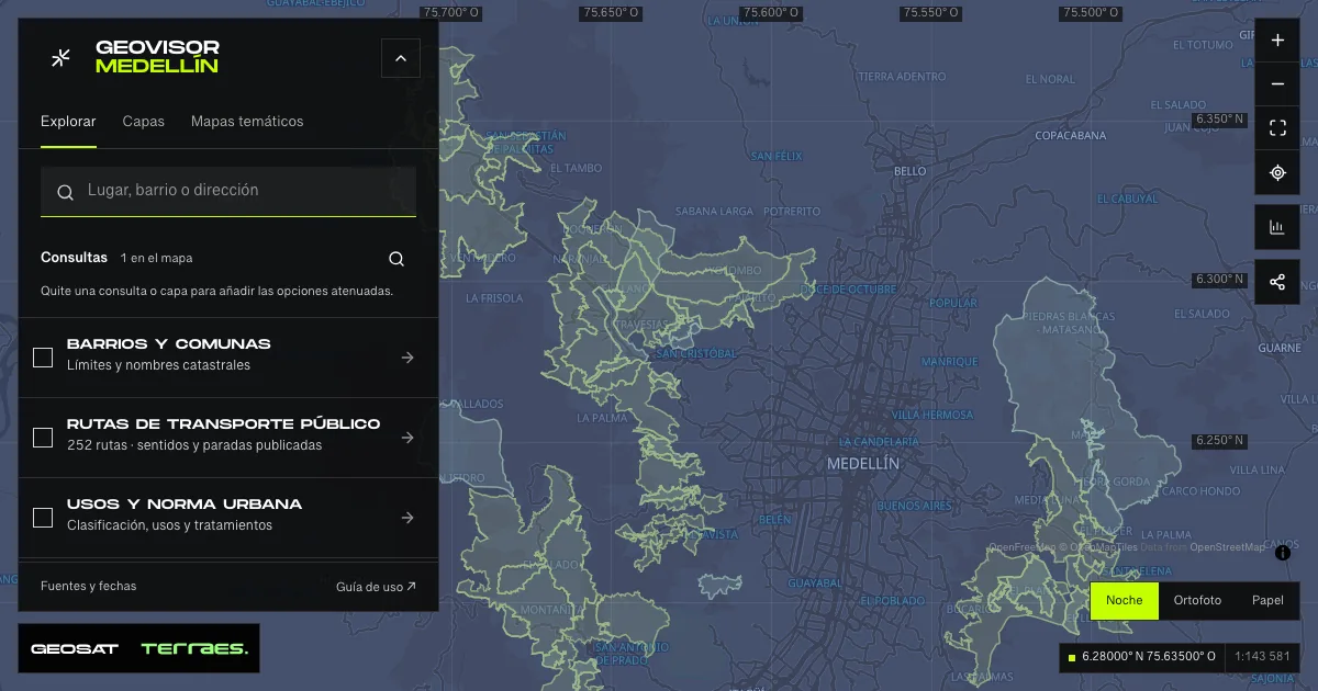 Geovisor GeoSAT: consulta «Planificación rural» activa sobre el mapa de Medellín.