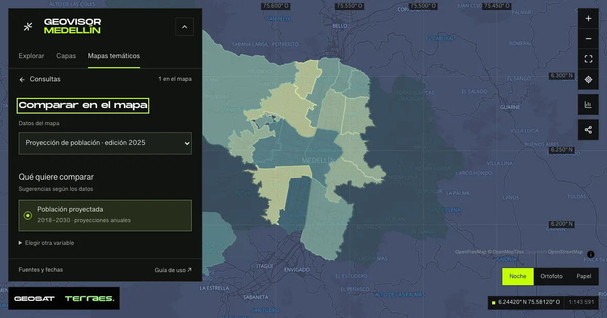 Geovisor GeoSAT: consulta «Población por año» activa sobre el mapa de Medellín.