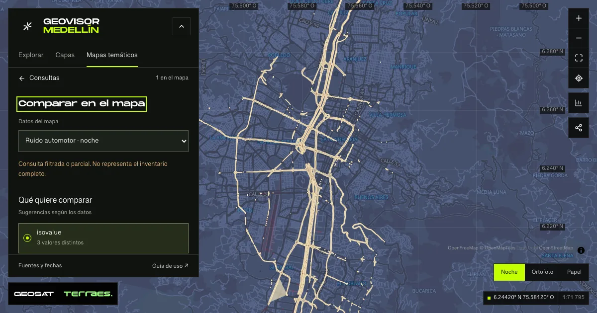 GeoSAT geovisor: “Nighttime noise by source” query enabled on the Medellín map.