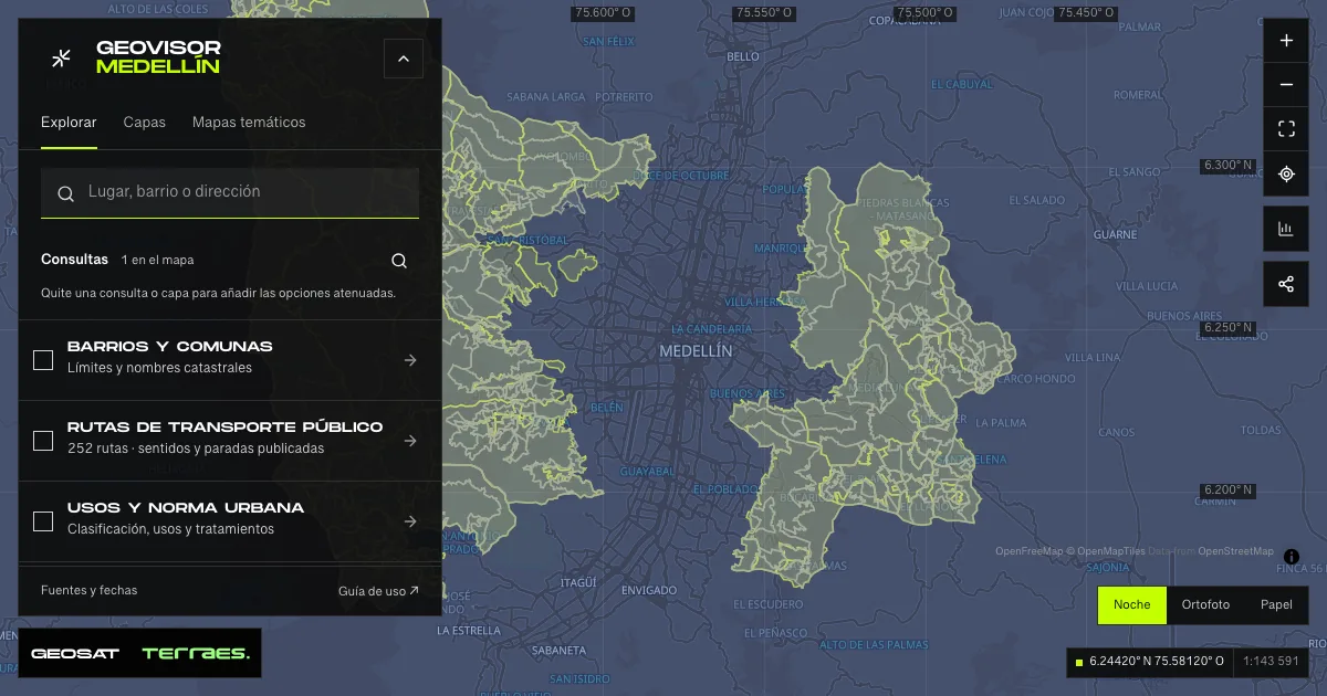 GeoSAT geovisor: “Rural land” query enabled on the Medellín map.