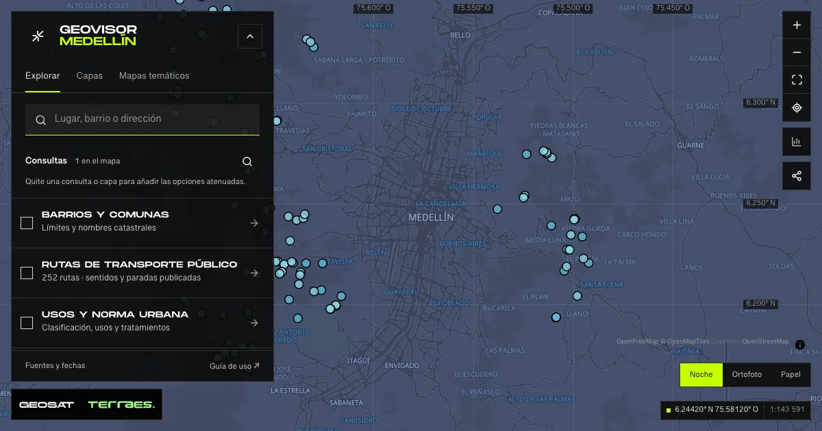 GeoSAT geovisor: “Rural water treatment” query enabled on the Medellín map.