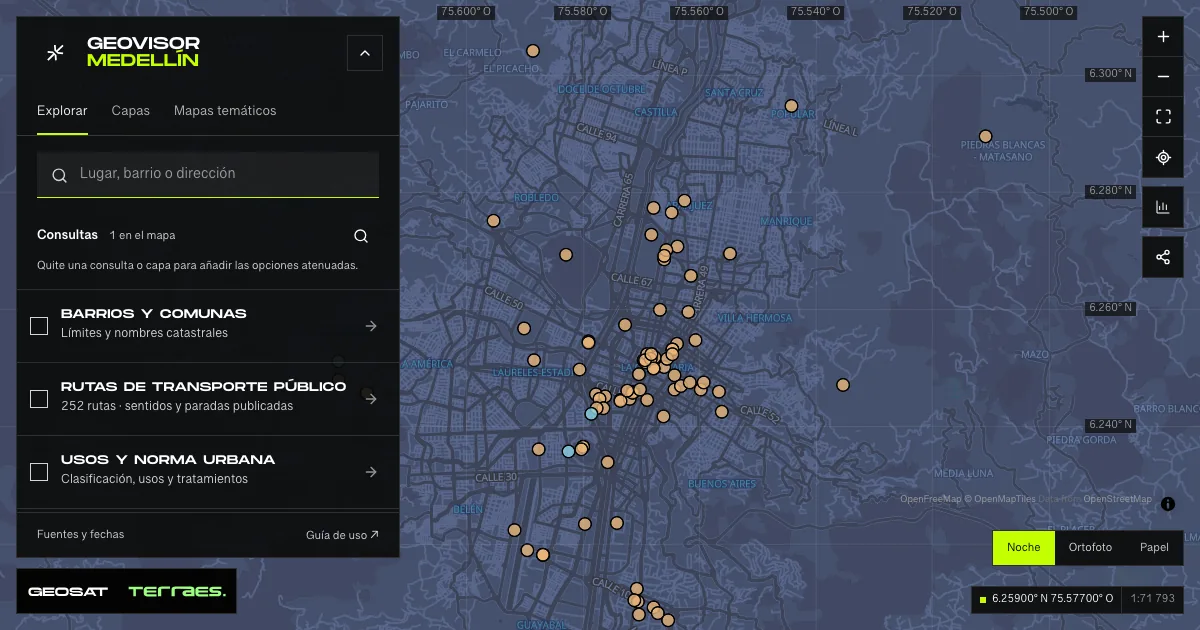 GeoSAT geovisor: “Places to explore” query enabled on the Medellín map.