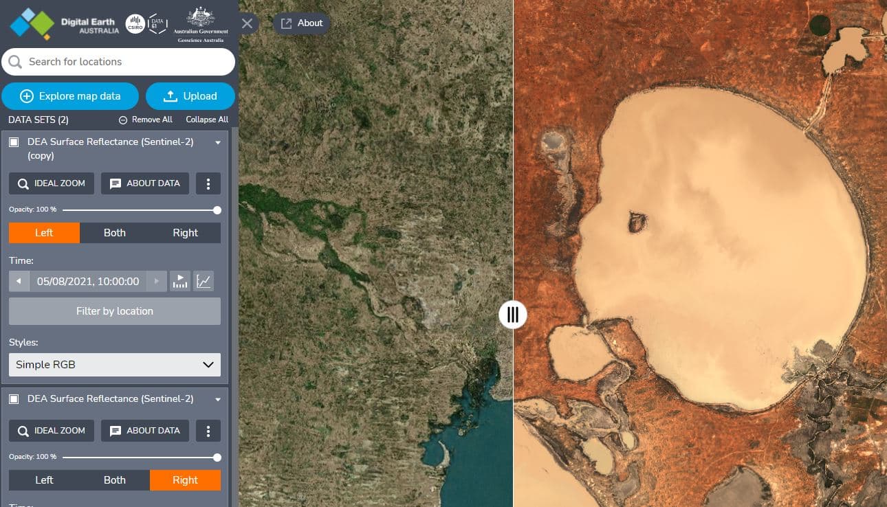 Official DEA Maps example with a comparison divider between satellite images.