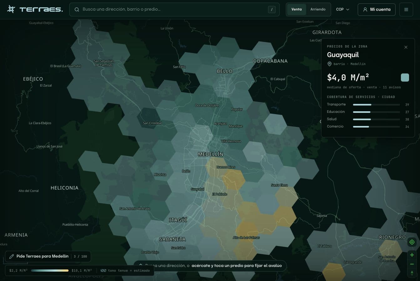 Terraes public map in Medellín, showing price cells, search and a contextual area panel.