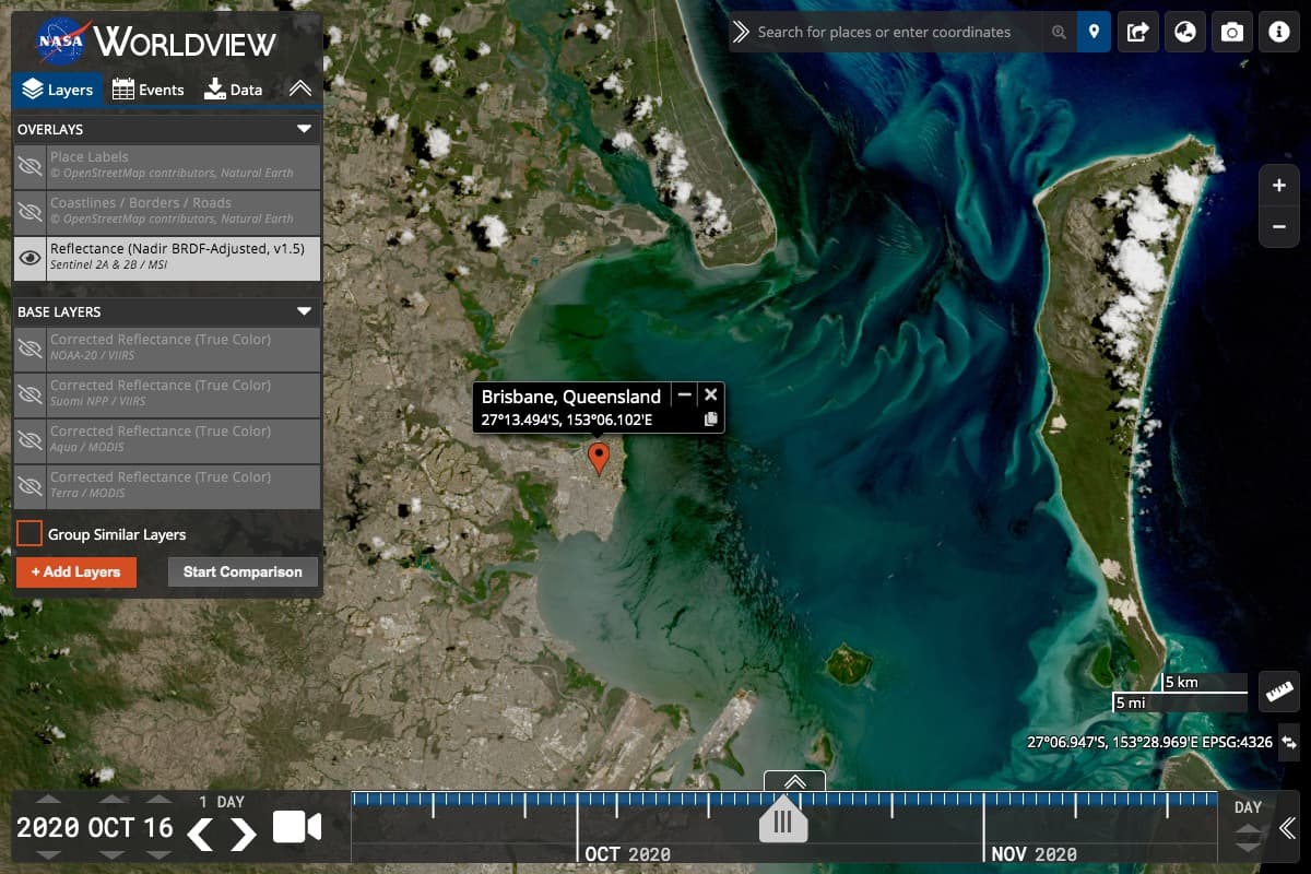 Official NASA Worldview image with satellite layers over Brisbane and a timeline.